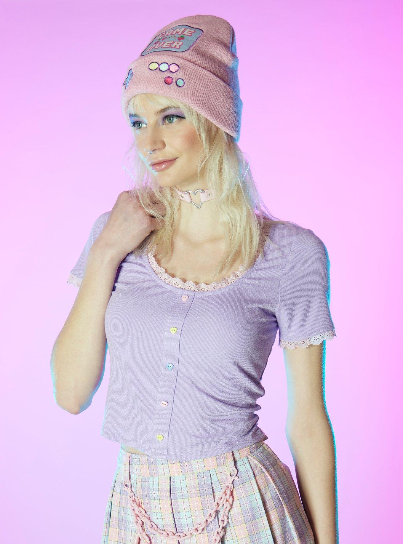 Pastel Purple Heart Button Girls Crop T-Shirt, PURPLE, hi-res