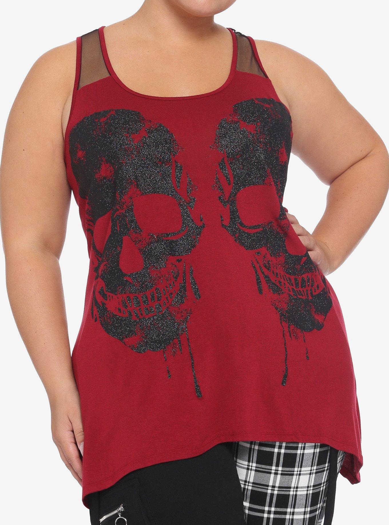 Burgundy Glitter Skull Shark Bite Girls Tank Top Plus Size, BURGUNDY, hi-res
