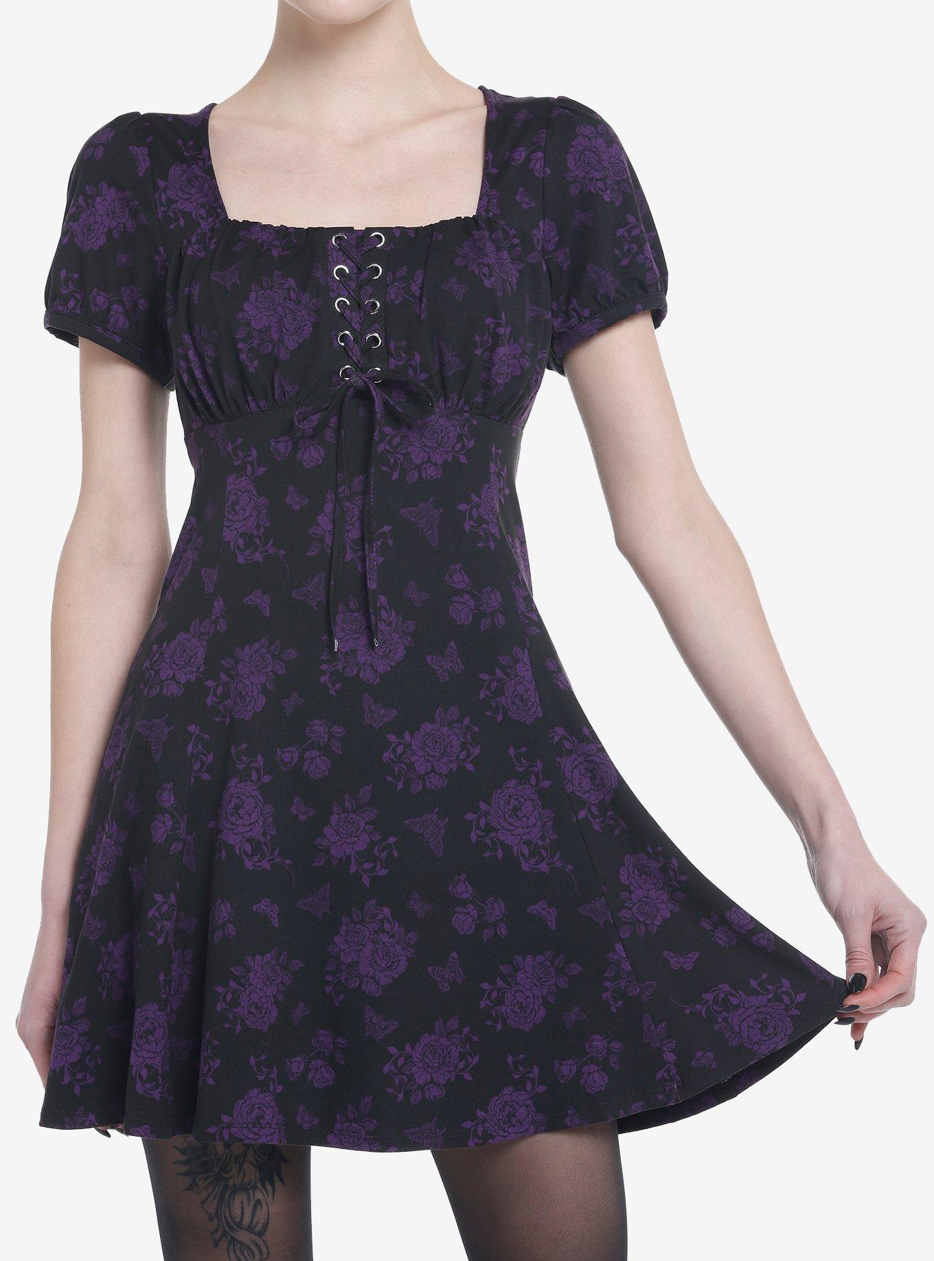 Cosmic Aura Black & Purple Rose Lace-Up Babydoll Dress, BLACK, hi-res