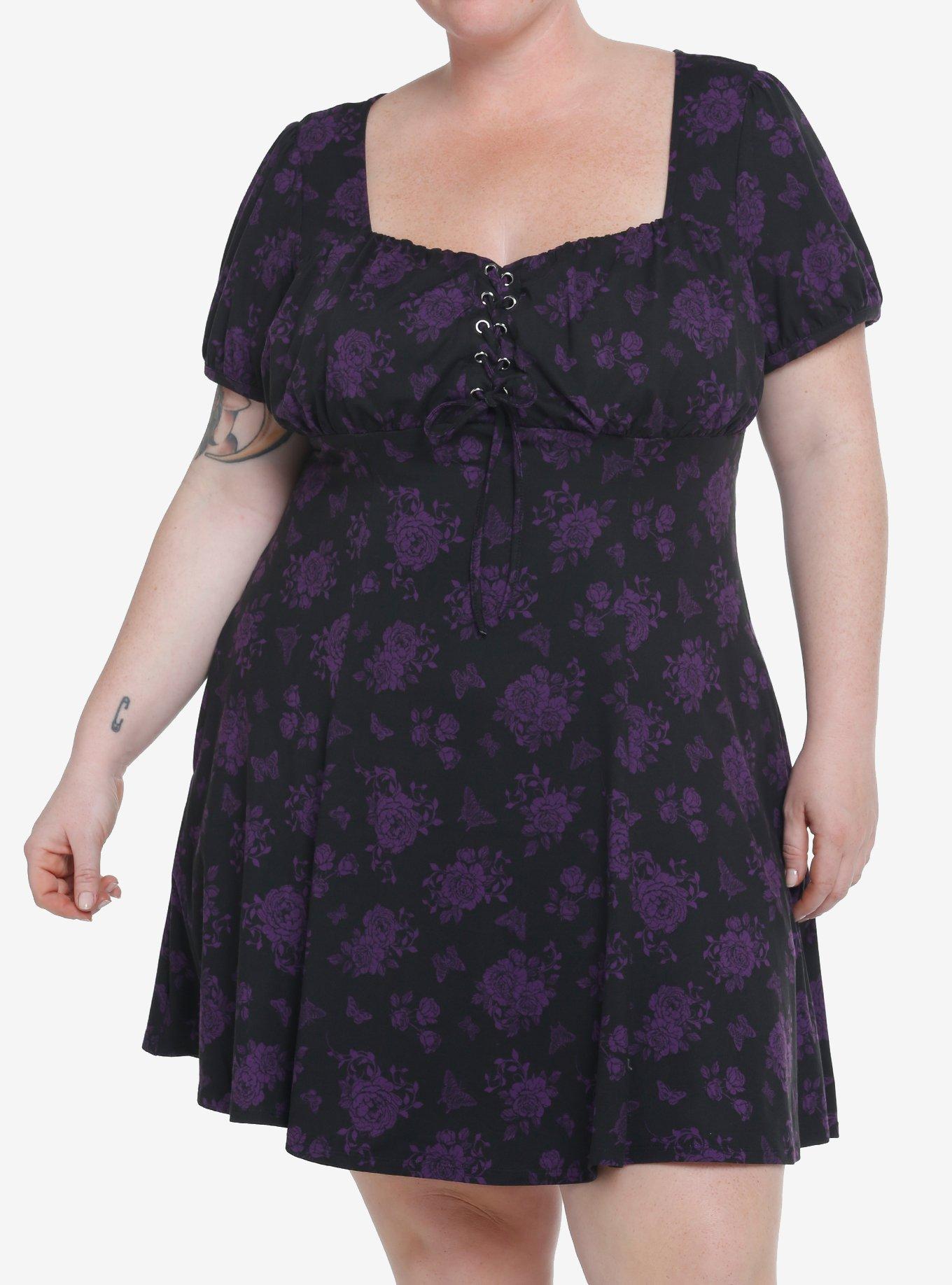 Cosmic Aura Black & Purple Rose Lace-Up Babydoll Dress Plus Size
