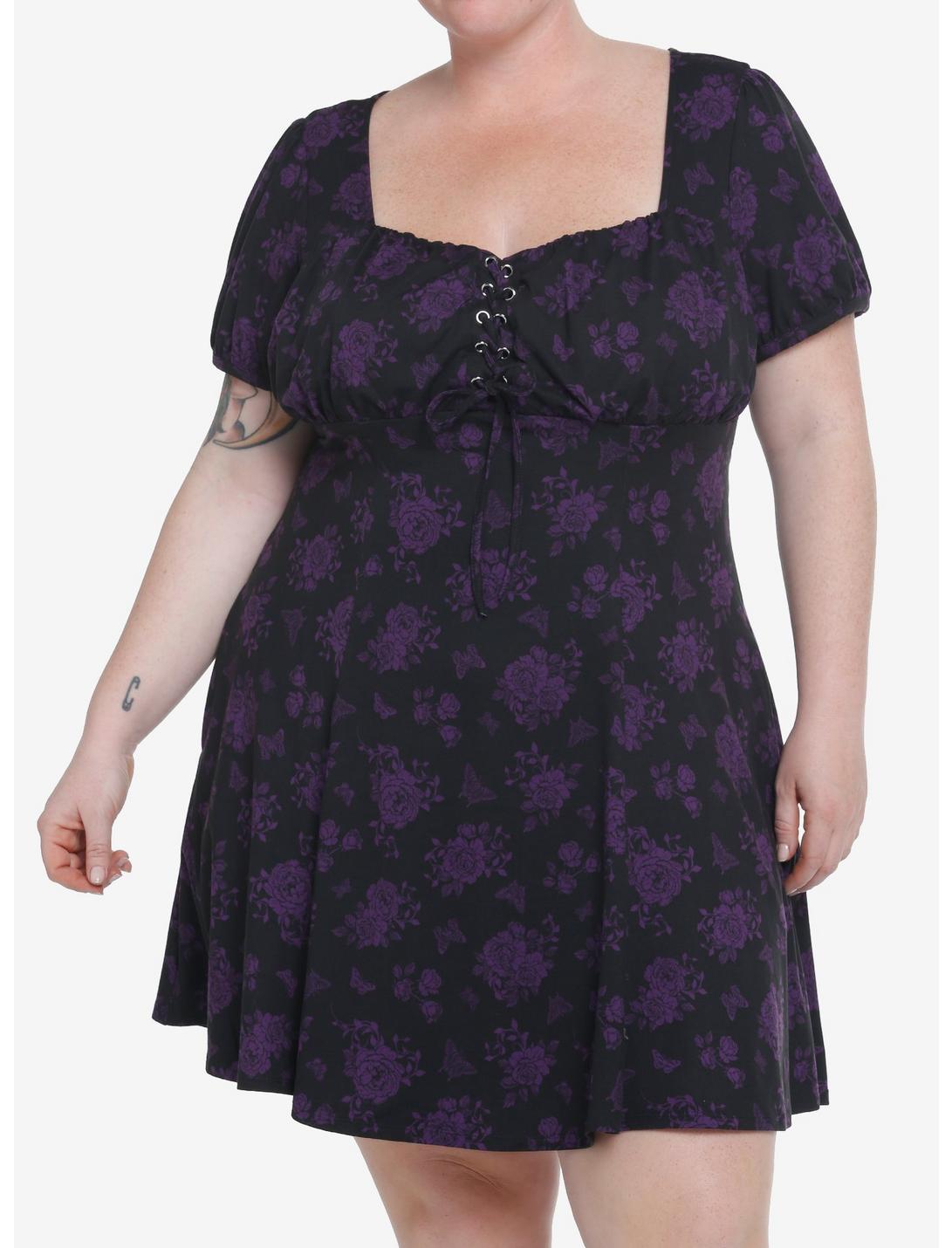 Cosmic Aura Black & Purple Rose Lace-Up Babydoll Dress Plus Size, BLACK, hi-res