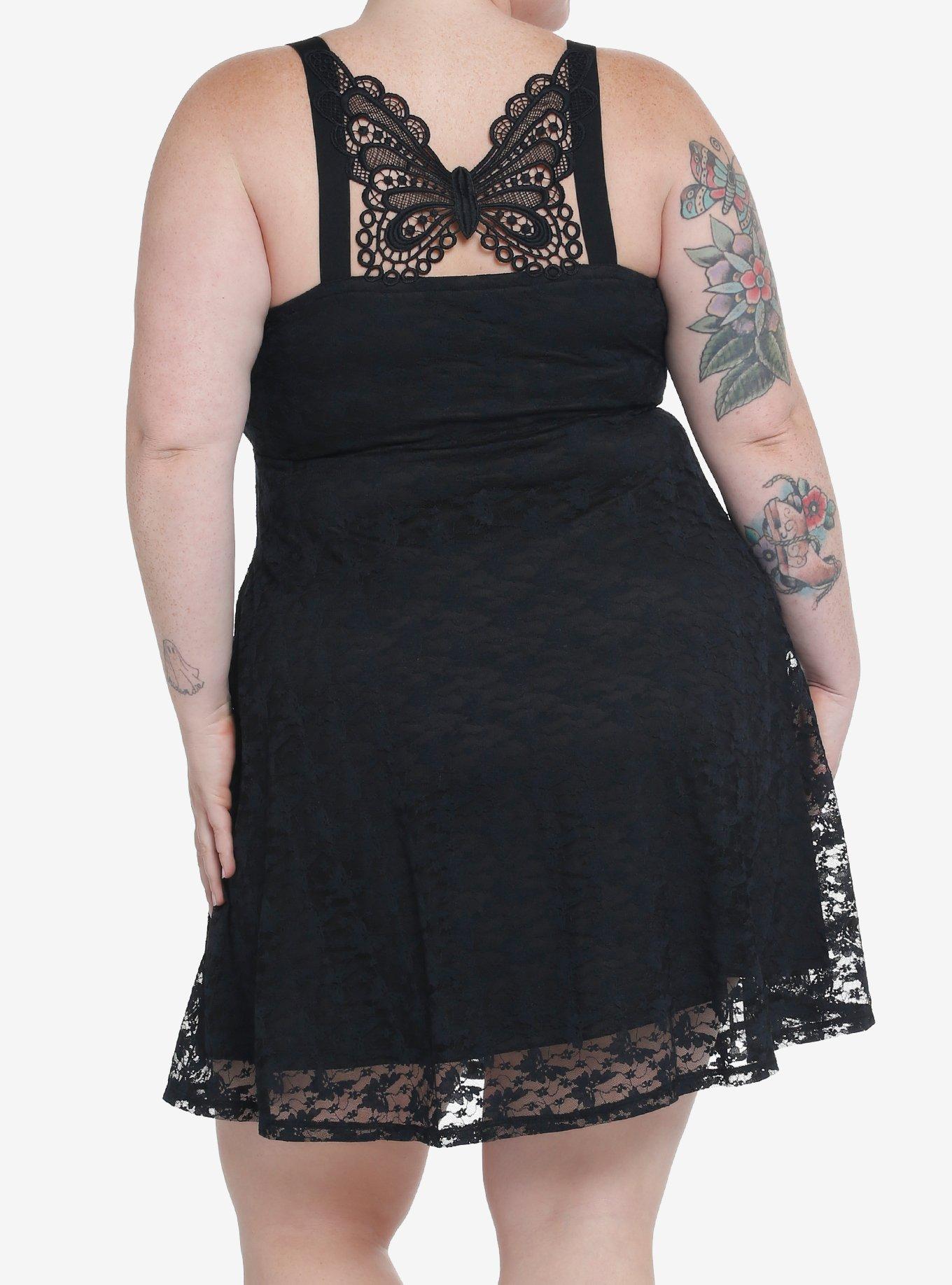 Cosmic Aura Black Butterfly Lace-Up Skater Dress Plus Size, BLACK, hi-res