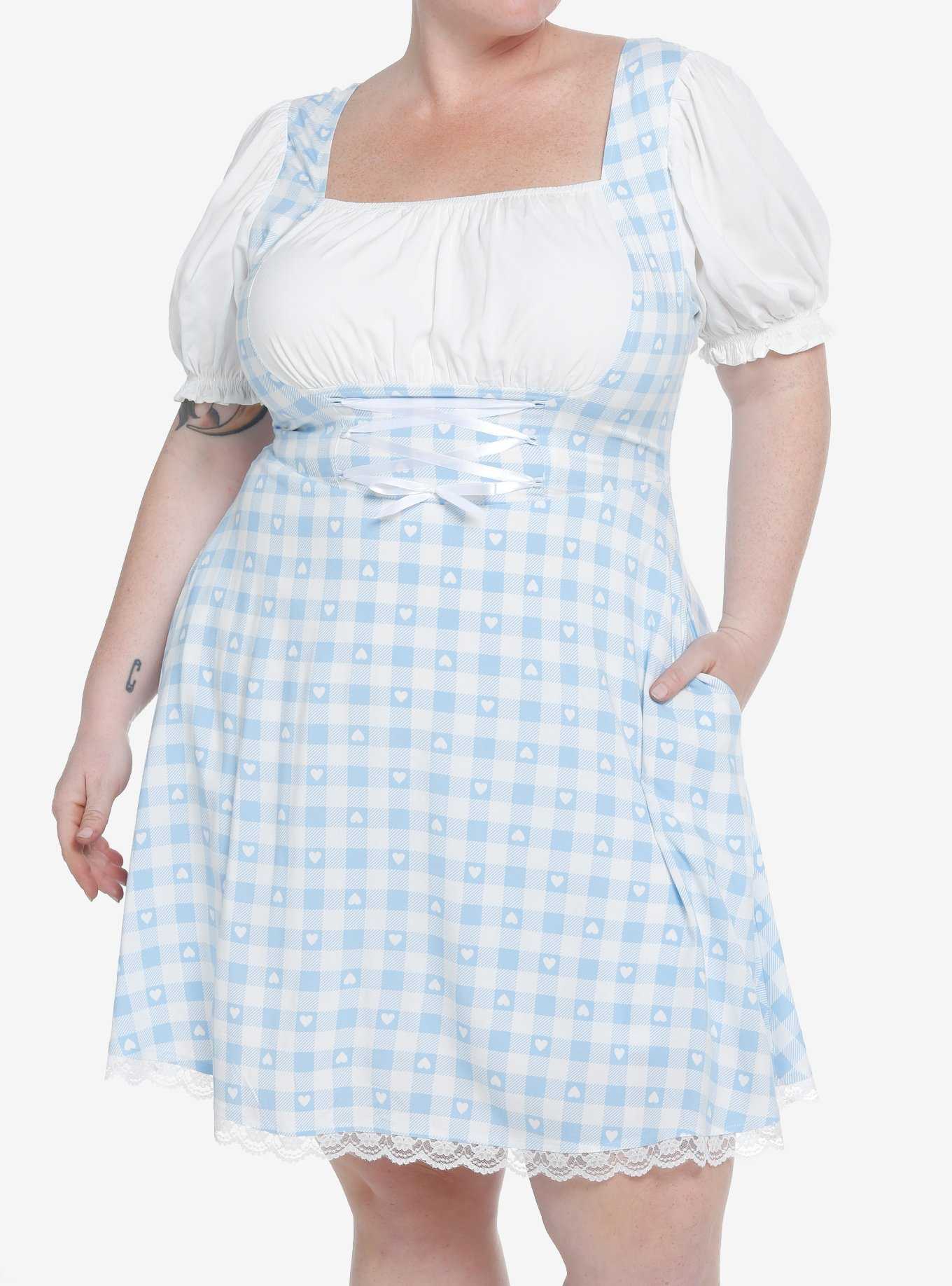 Sweet Society Blue & White Gingham Corset Dress Plus Size, , hi-res