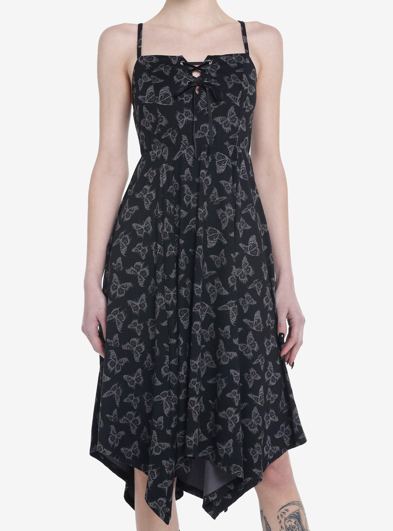 COSMIC AURA BLACK AND GREY BUTTERFLY HANKY HEM DRESS