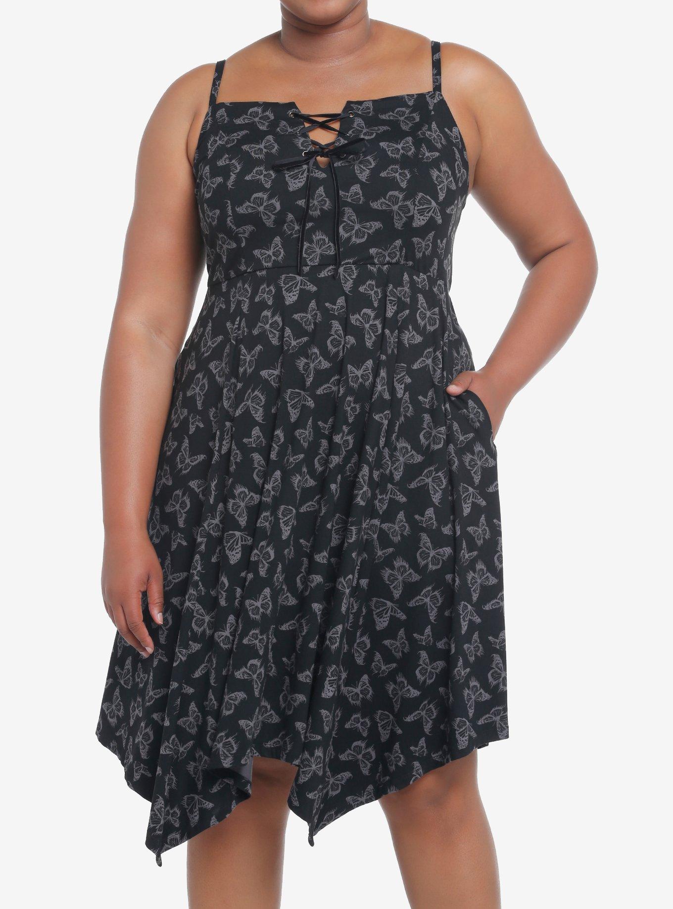 Cosmic Aura Black & Grey Butterfly Hanky Hem Dress Plus Size, BLACK, hi-res