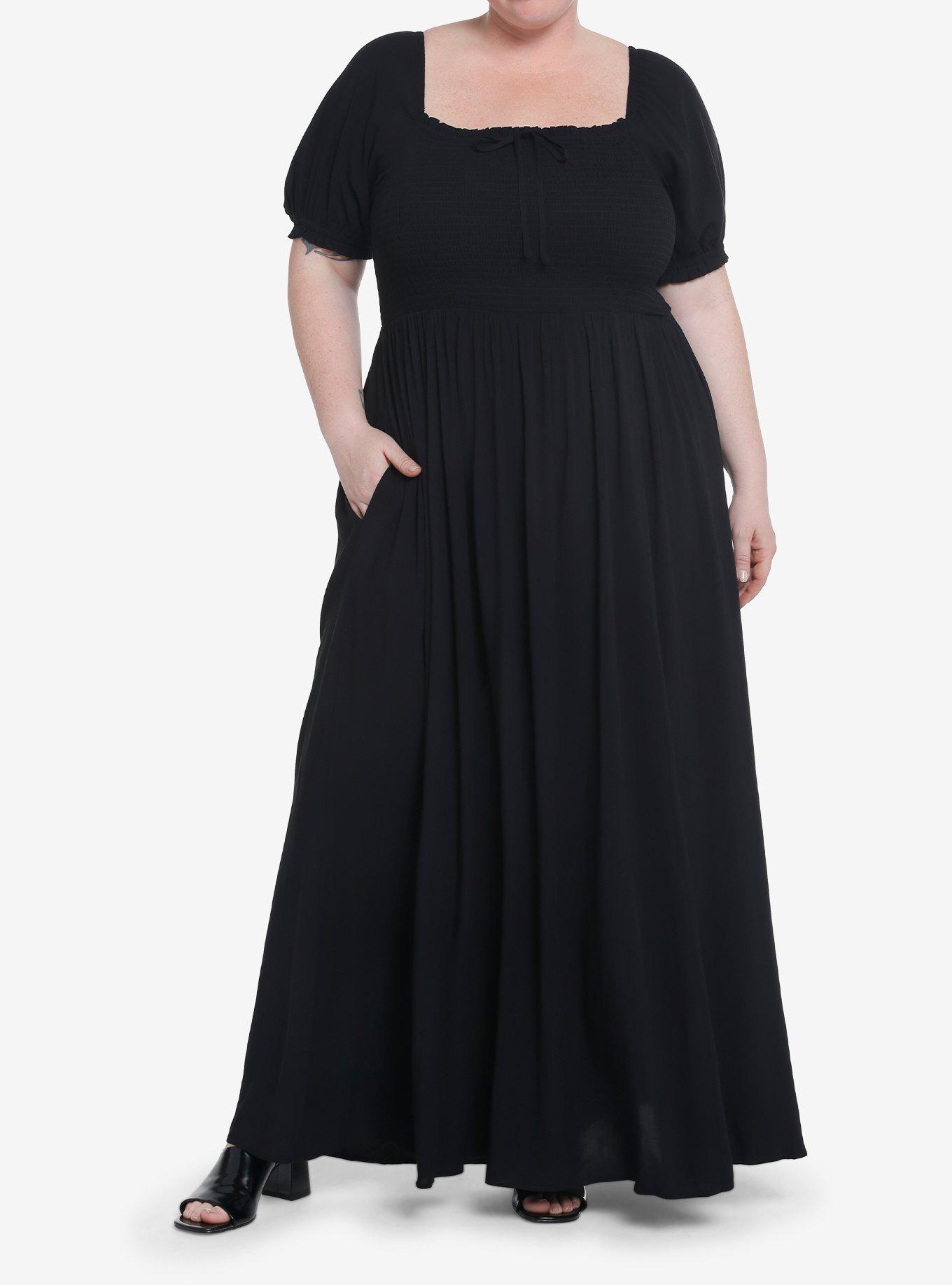 Thorn & Fable Black Smock Puff Sleeve Maxi Dress Plus Size, , hi-res