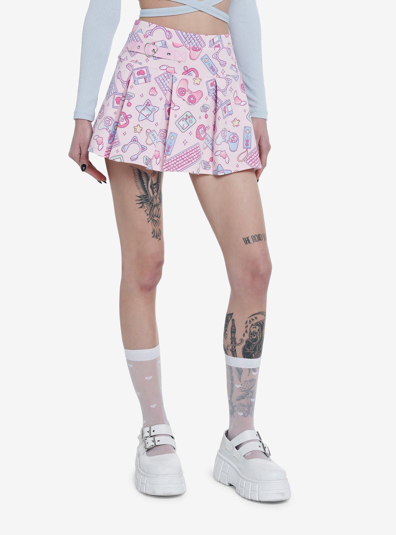 Pink Gamer Icons Pleated Scuba Skirt, MULTI, hi-res