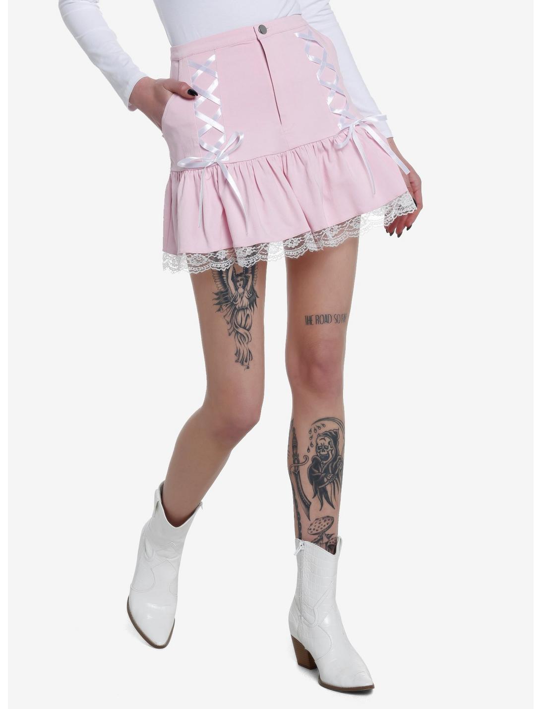 Pastel Pink Lace Trim Mini Skirt, PINK, hi-res