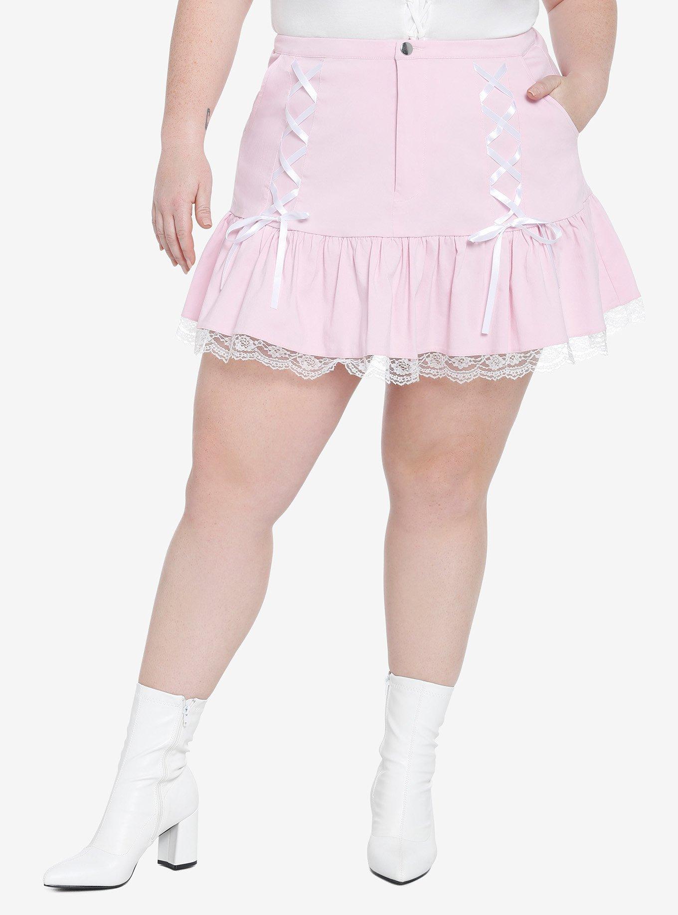 Pastel Pink Lace Trim Mini Skirt, , hi-res