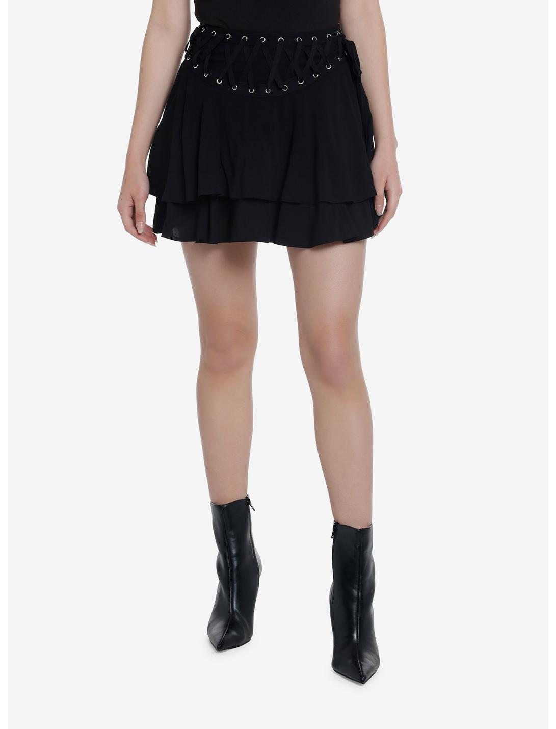 Cosmic Aura Black Grommet & Lace-Up Tiered Skirt, BLACK, hi-res
