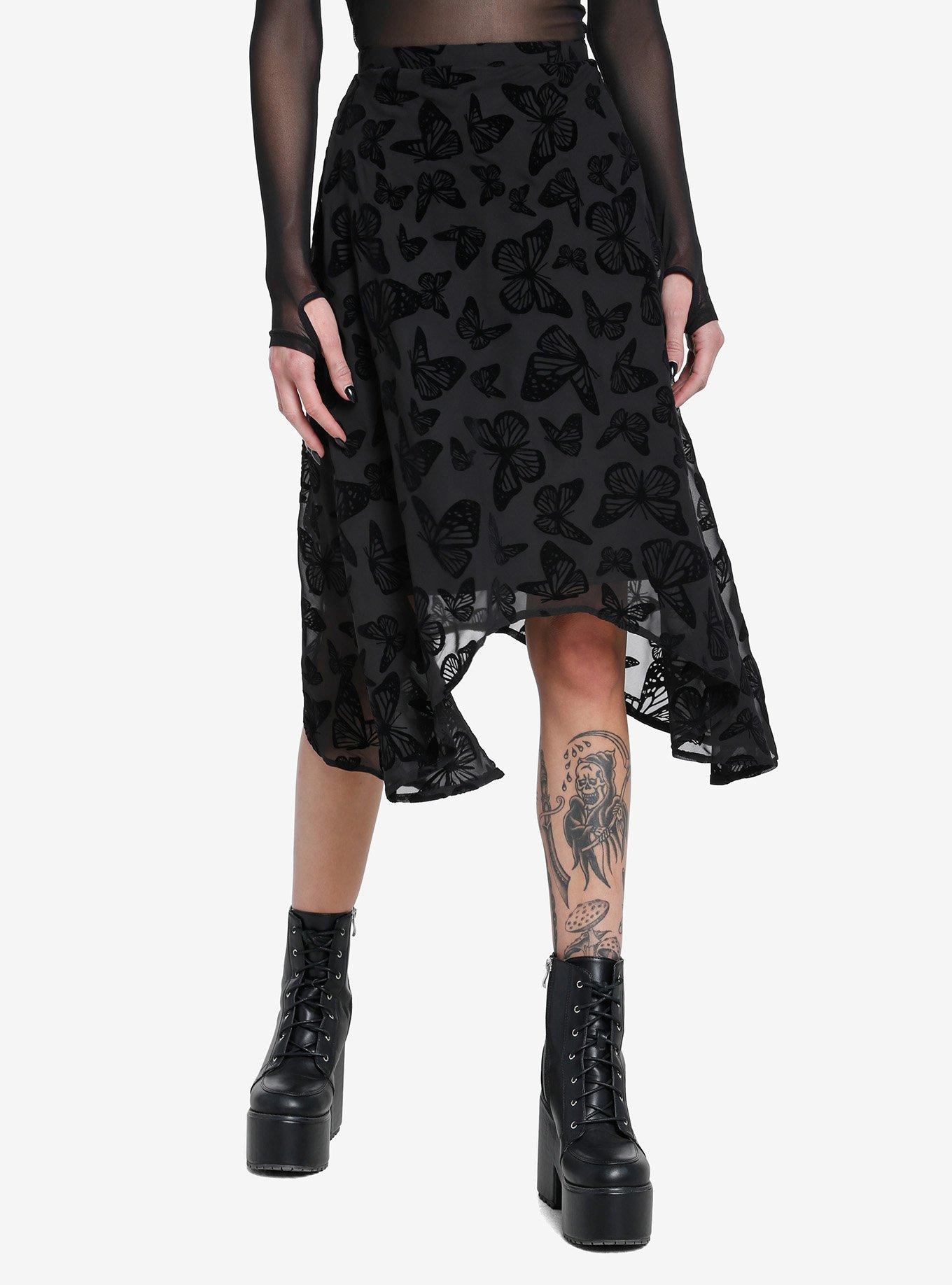 Black Butterfly Chiffon Hanky Hem Midi Skirt, , hi-res