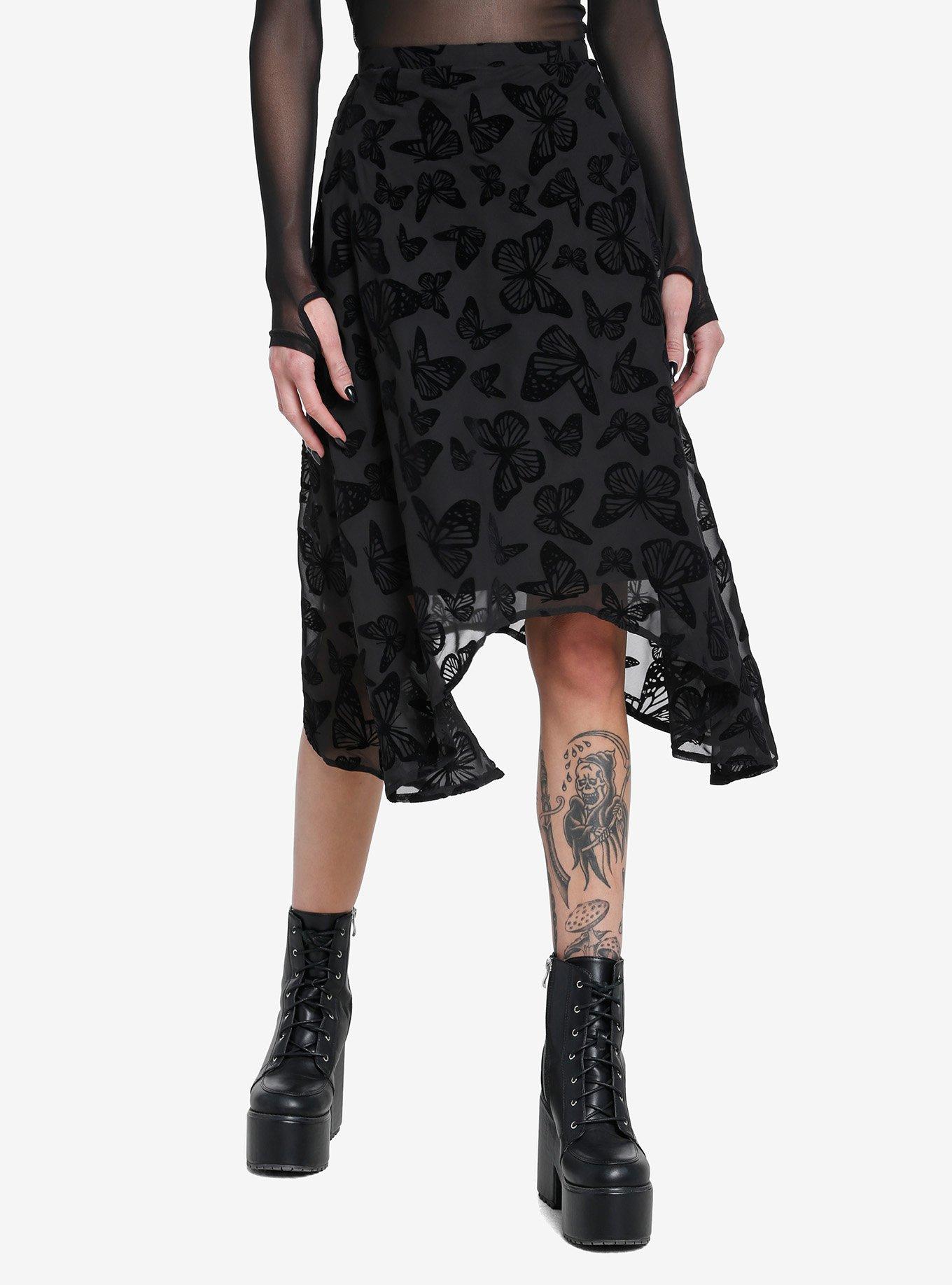 Black Butterfly Chiffon Hanky Hem Midi Skirt, BLACK, hi-res