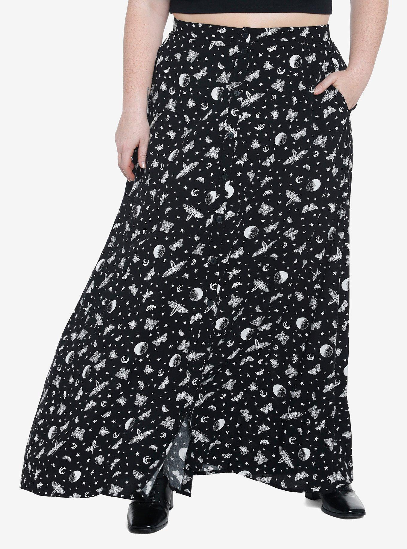 Black Celestial Moth Maxi Skirt Plus Size, , hi-res