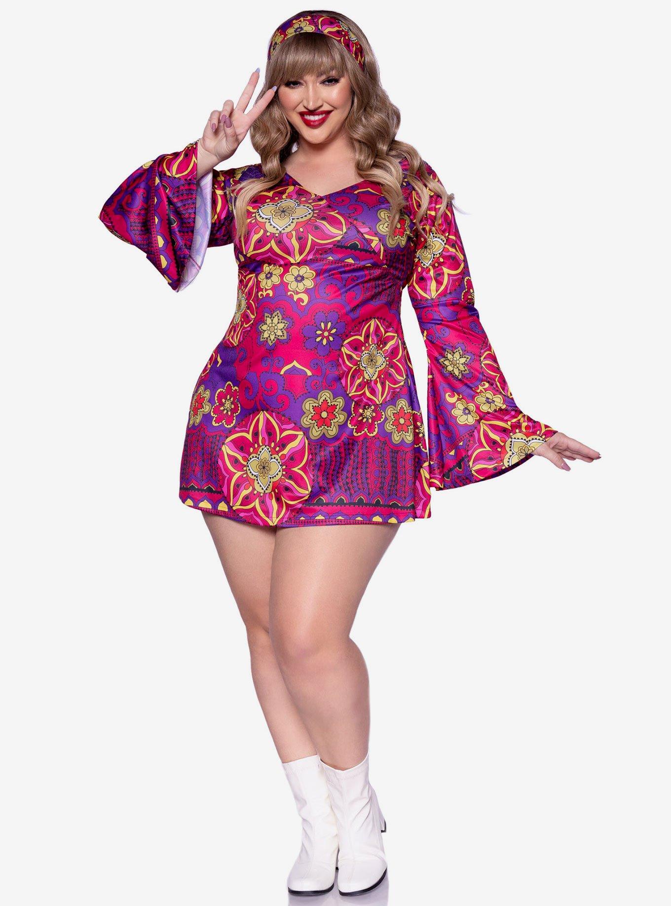 Retro Print Bell Sleeves Go Go Dress with Headband Plus Size