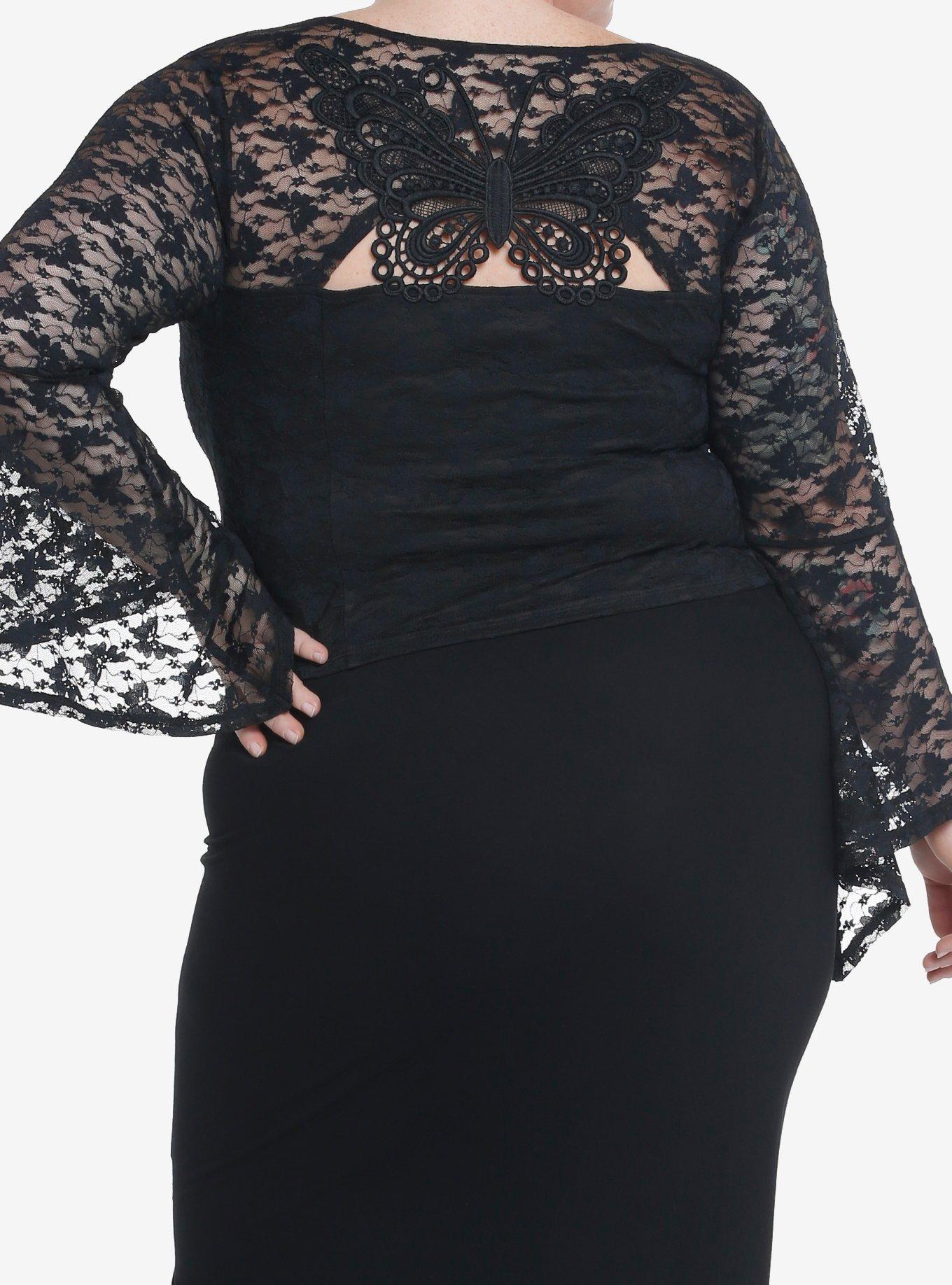 Cosmic Aura Black Butterfly Lace Girls Bell Sleeve Top Plus Size, BLACK, hi-res