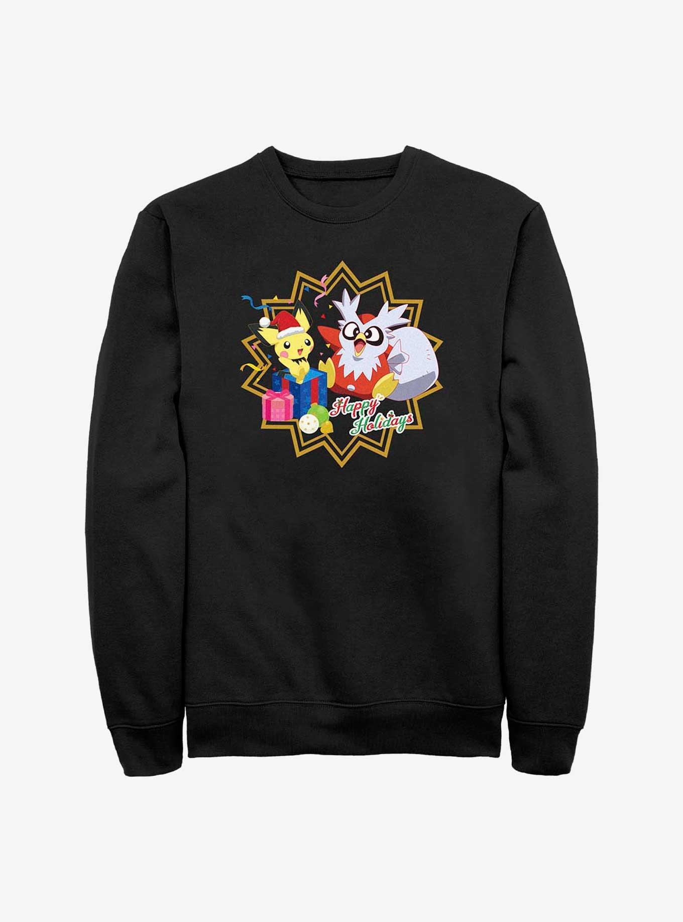 Pokemon Pichu and Delibird Holiday Party Sweatshirt, BLACK, hi-res