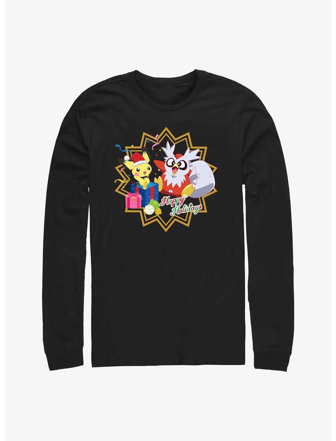 Pokemon Pichu and Delibird Holiday Party Long-Sleeve T-Shirt, BLACK, hi-res