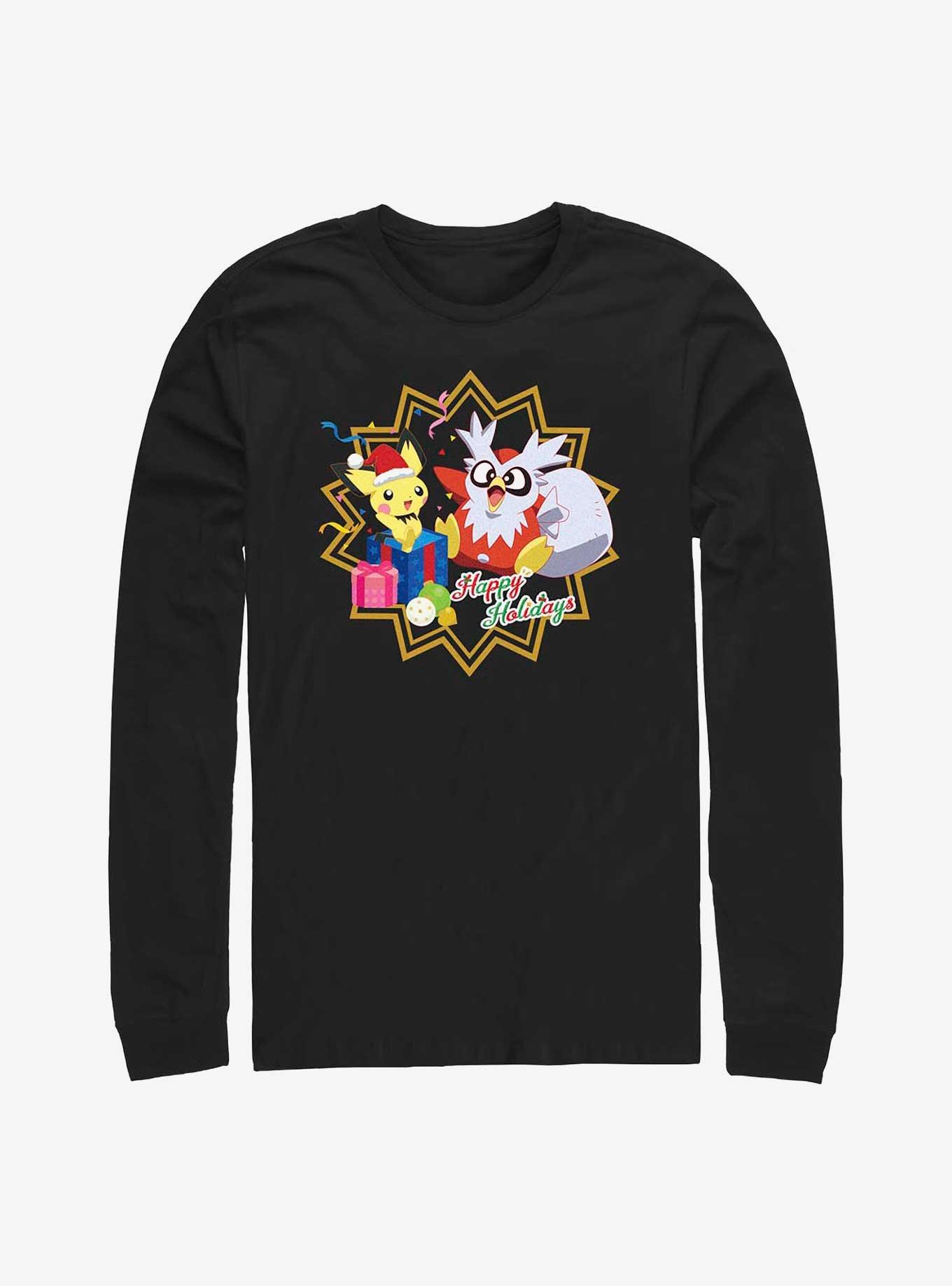 Pokemon Pichu and Delibird Holiday Party Long-Sleeve T-Shirt, BLACK, hi-res