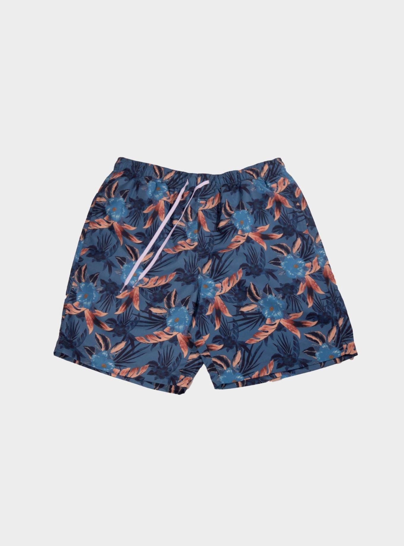 Blue Hibiscus Floral Swim Trunks, BLUE, hi-res