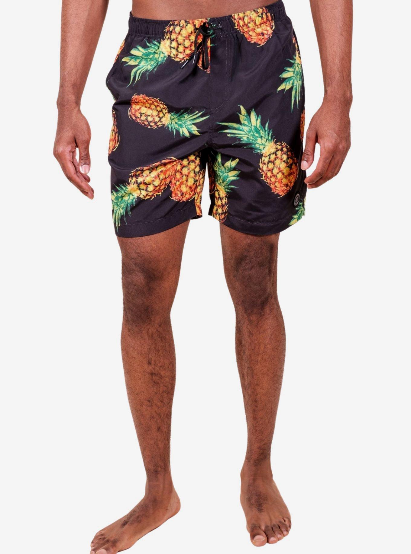 Exploded Pineapples Swim Trunks, BLACK, hi-res