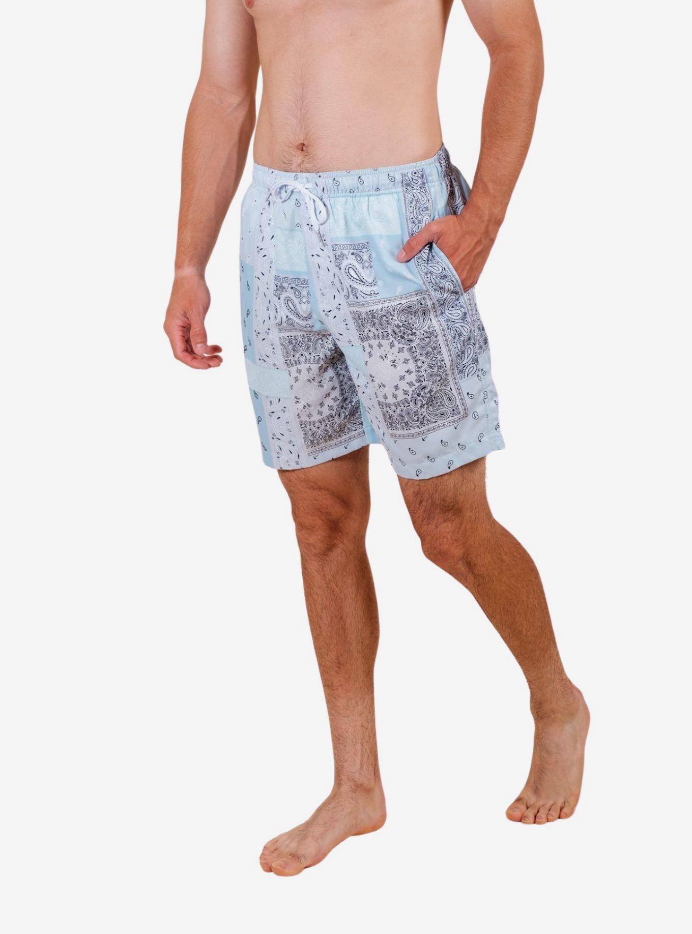 Light Blue Bandana Mix Print Swim Trunks, LIGHT BLUE, hi-res