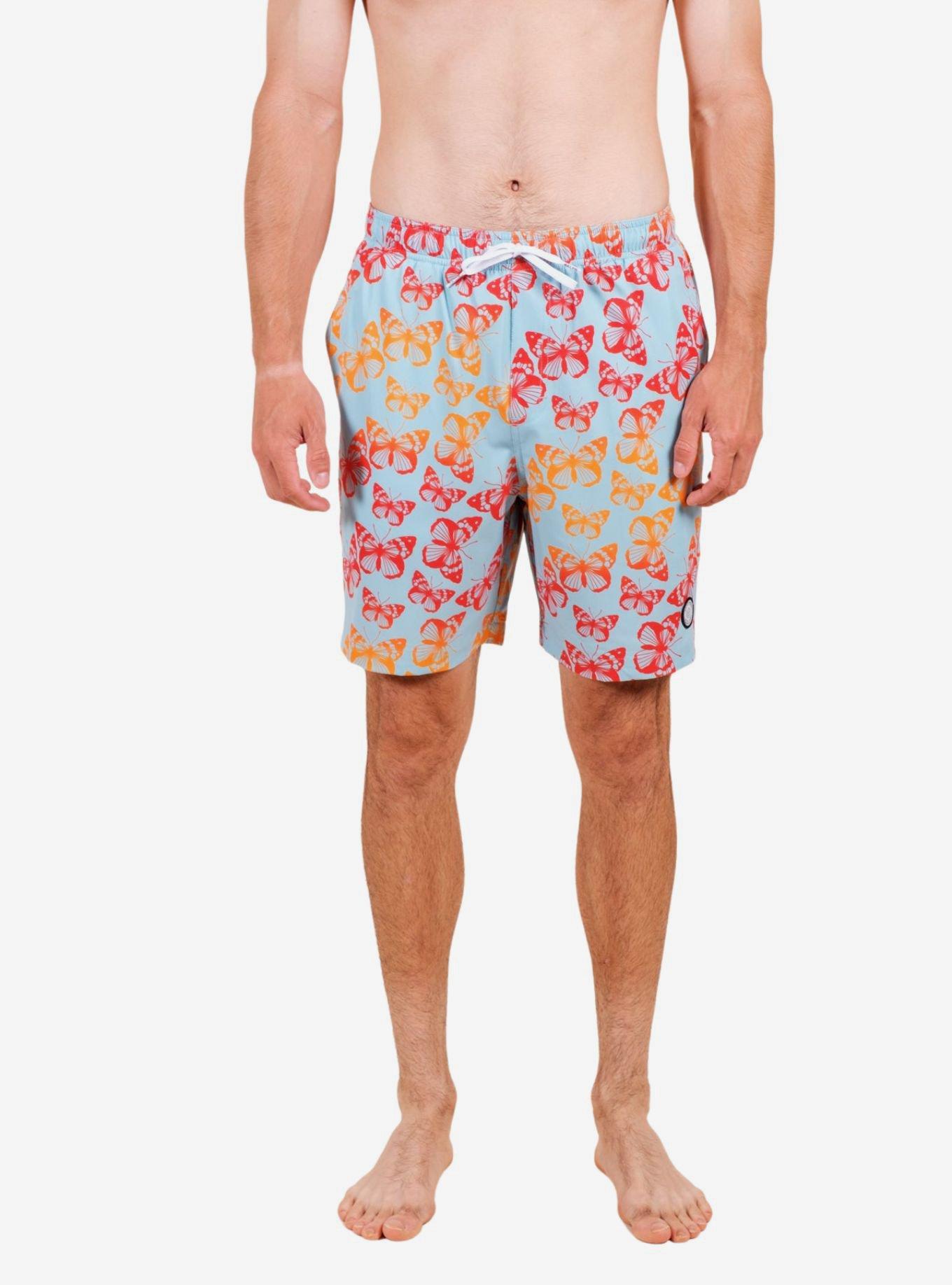 Light Blue Gradient Butterfly Swim Trunks, LIGHT BLUE, hi-res