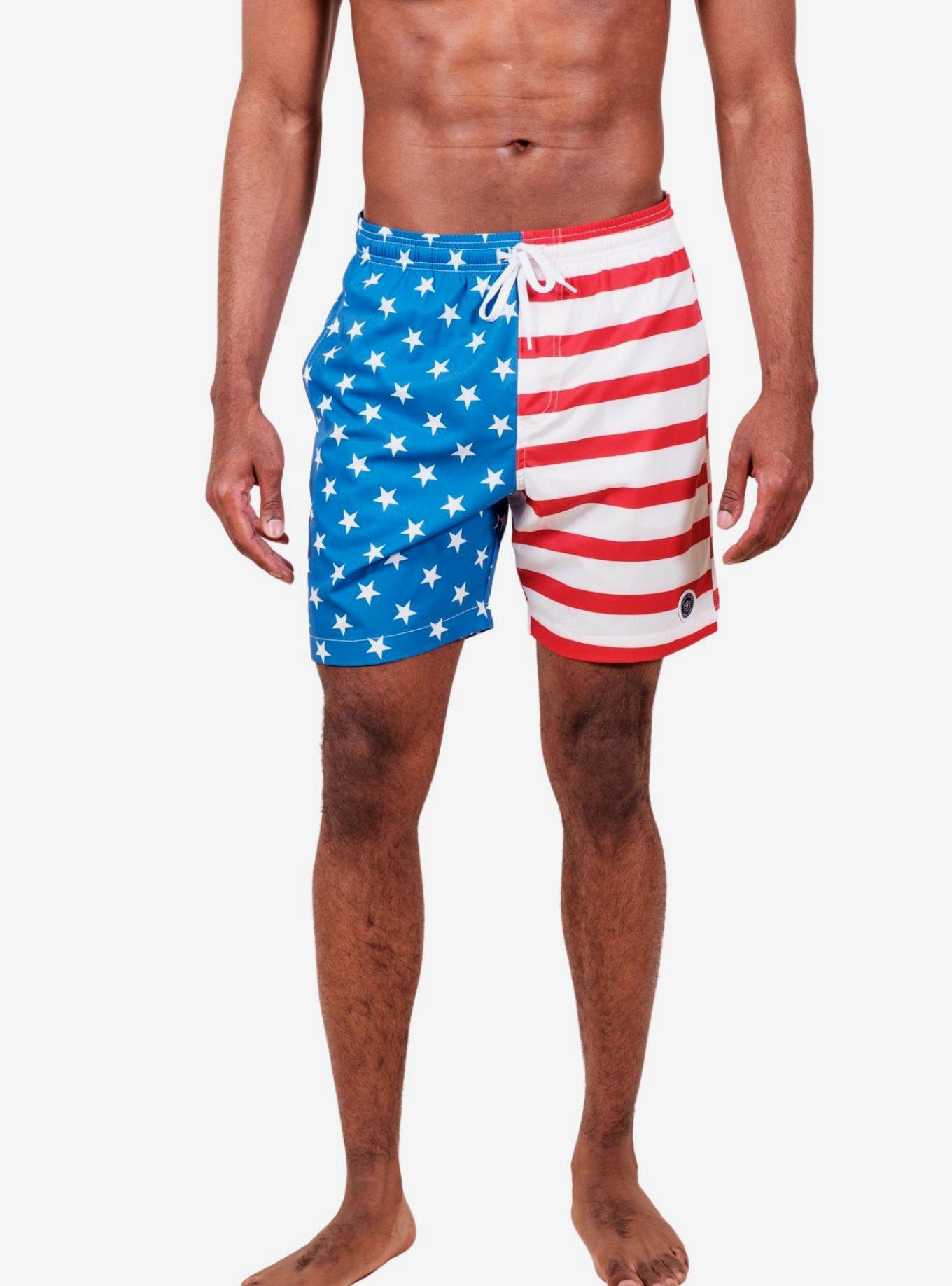 Red, White and Blue Split Flag Swim Trunks, RED  WHITE  BLUE, hi-res