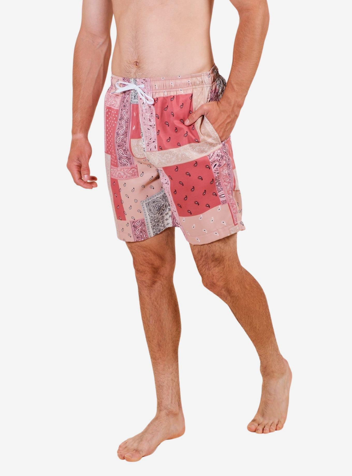 Red Bandana Mix Print Swim Trunks, RED, hi-res
