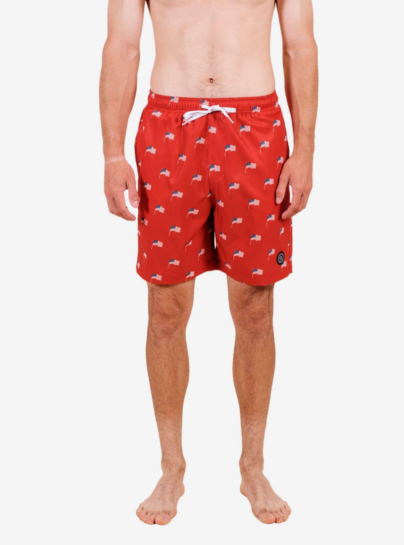 Red Ditsy Flag Swim Trunks, RED, hi-res