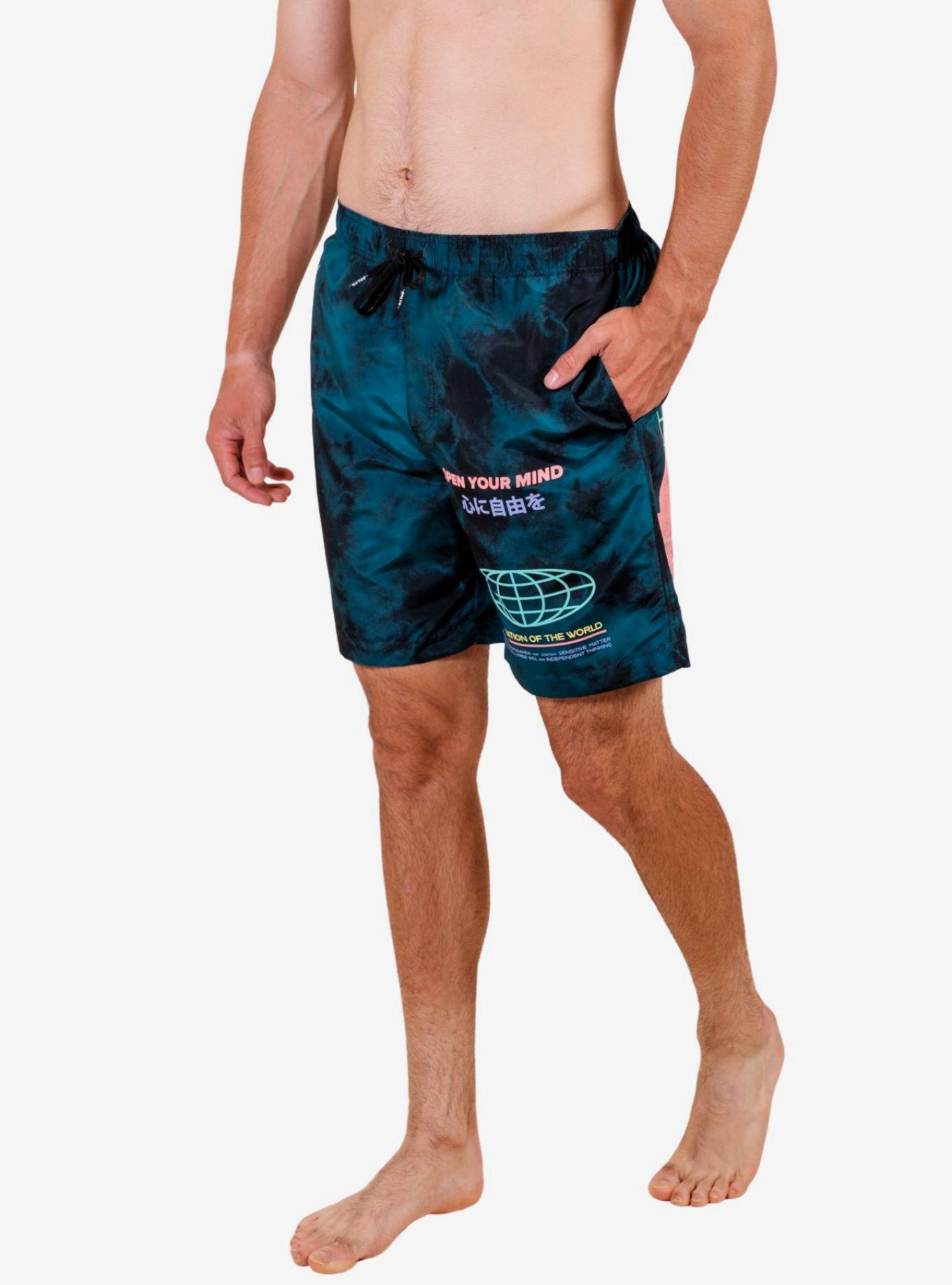 Teal Tie Dye Open Your Mind Swim Trunks, AQUA  NAVY, hi-res
