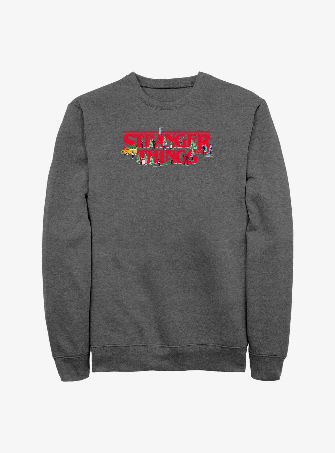 Stranger Things Christmas Scene Logo Sweatshirt, CHAR HTR, hi-res