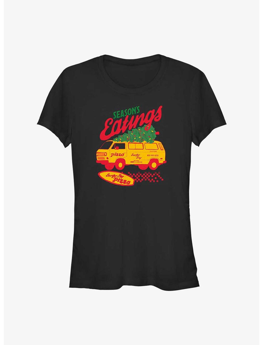 Stranger Things Season's Eatings Surfer Boy Pizza Girls T-Shirt, BLACK, hi-res