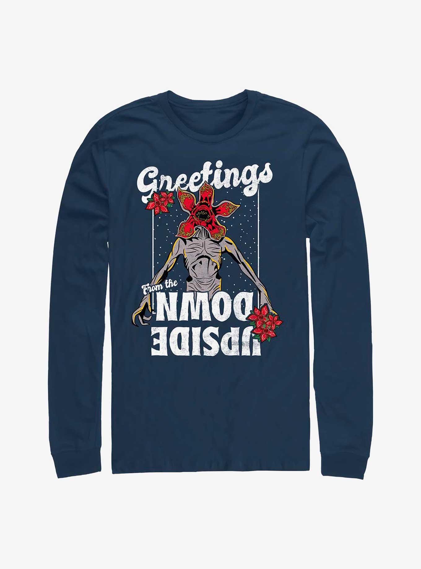 Stranger Things Demogorgon Season's Greetings Long-Sleeve T-Shirt, NAVY, hi-res