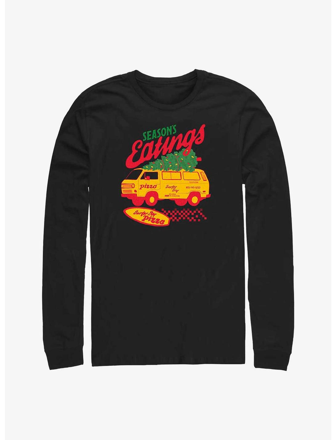 Stranger Things Season's Eatings Surfer Boy Pizza Long-Sleeve T-Shirt, BLACK, hi-res