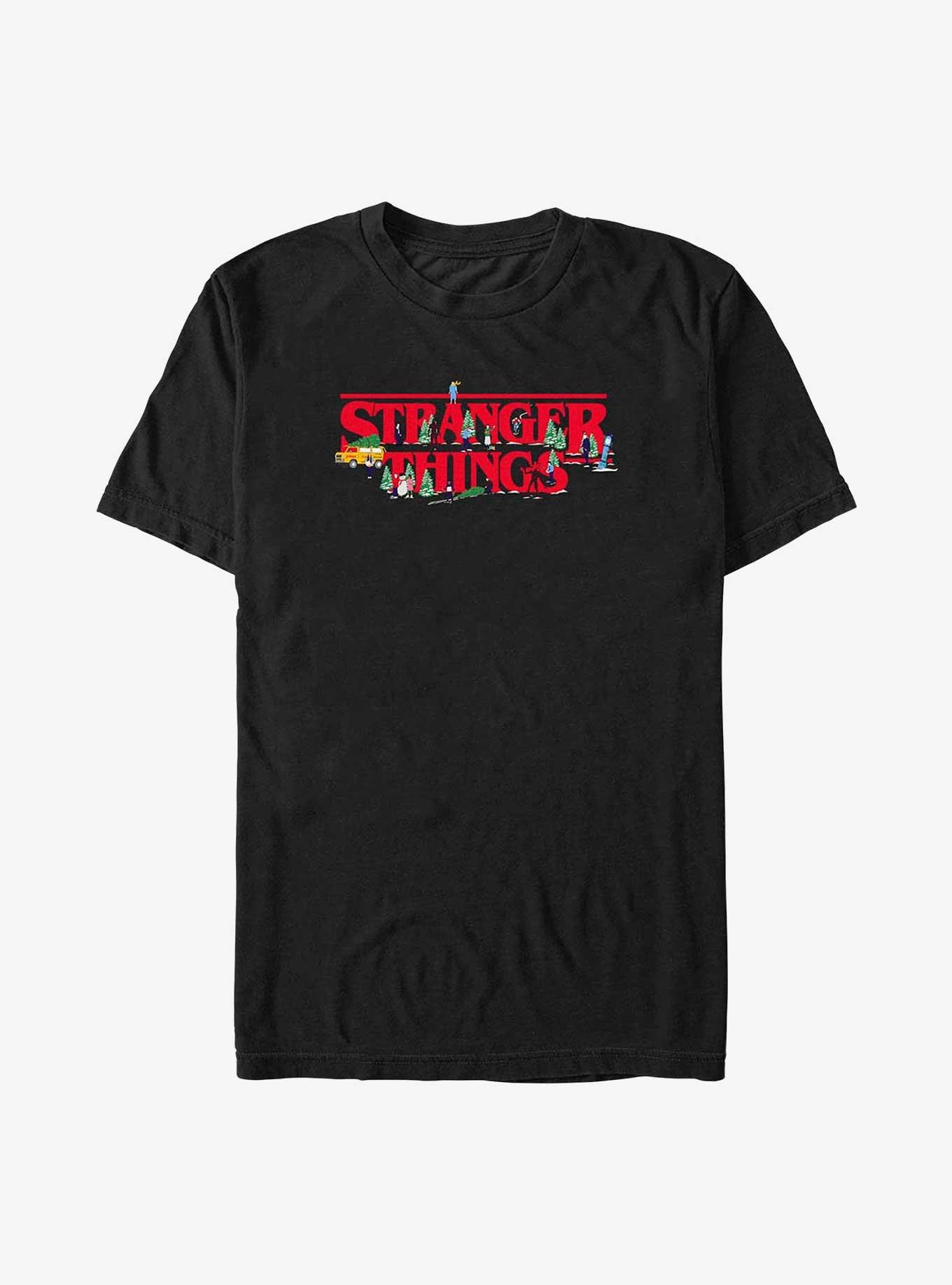 Stranger Things Christmas Scene Logo T-Shirt, BLACK, hi-res