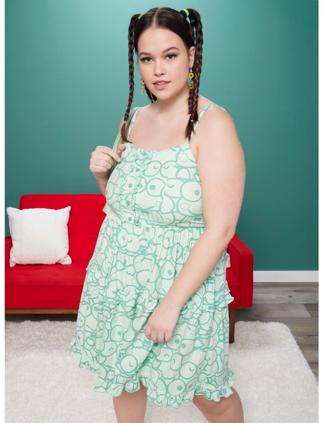 Keroppi Collage Ruffle Cami Dress Plus Size, LIGHT GREEN, hi-res