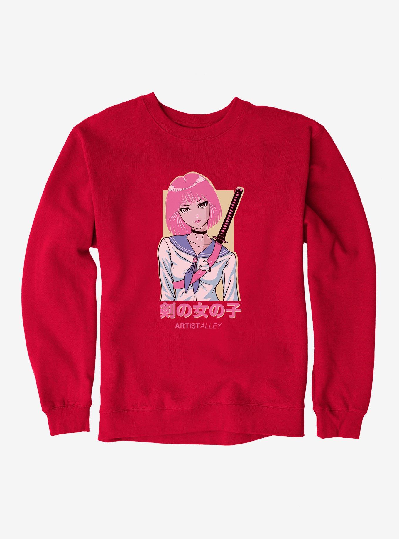 Artist Alley Anime Girl Sword Sweatshirt, RED, hi-res