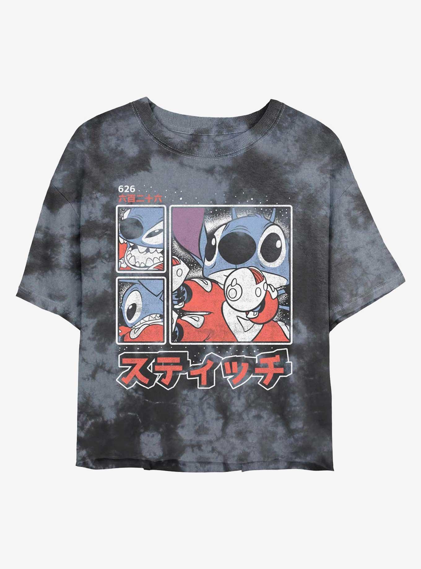 Disney Lilo & Stitch Pew Pew Japanese Lettering Tie-Dye Womens Crop T-Shirt, BLKCHAR, hi-res