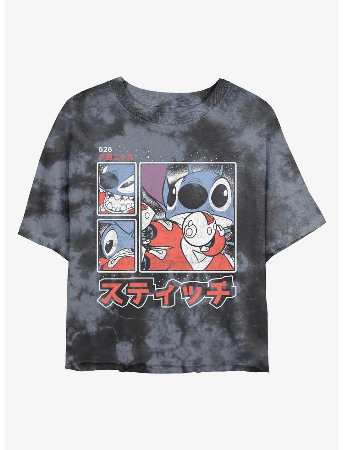 Disney Lilo & Stitch Pew Pew Japanese Lettering Tie-Dye Womens Crop T-Shirt, BLKCHAR, hi-res