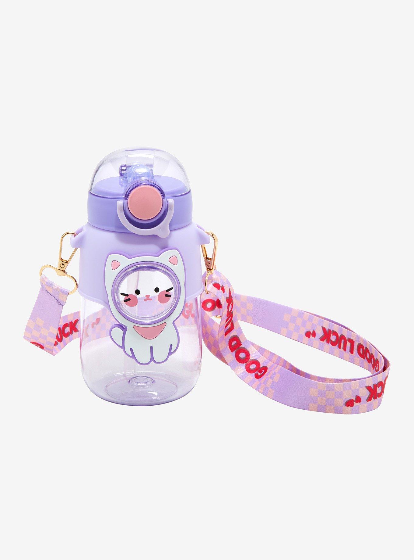 Lavender Cat Acrylic Water Bottle With Strap, , hi-res