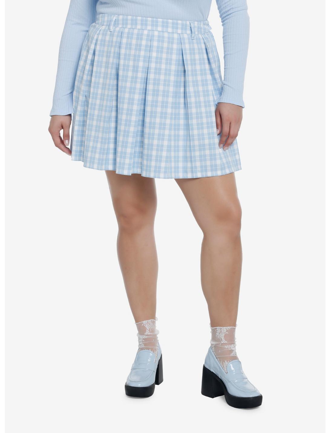 Sweet Society Baby Blue Plaid Pleated Skirt Plus Size, MULTI, hi-res