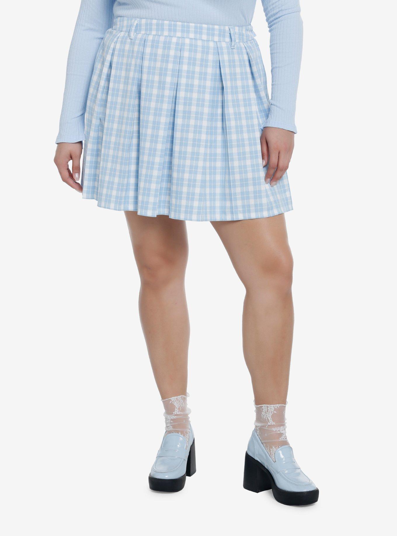 Sweet Society Baby Blue Plaid Pleated Skirt Plus Size, MULTI, hi-res