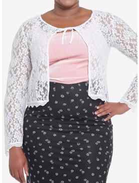 Sweet Society White Lace Tie-Front Shrug Plus Size, , hi-res