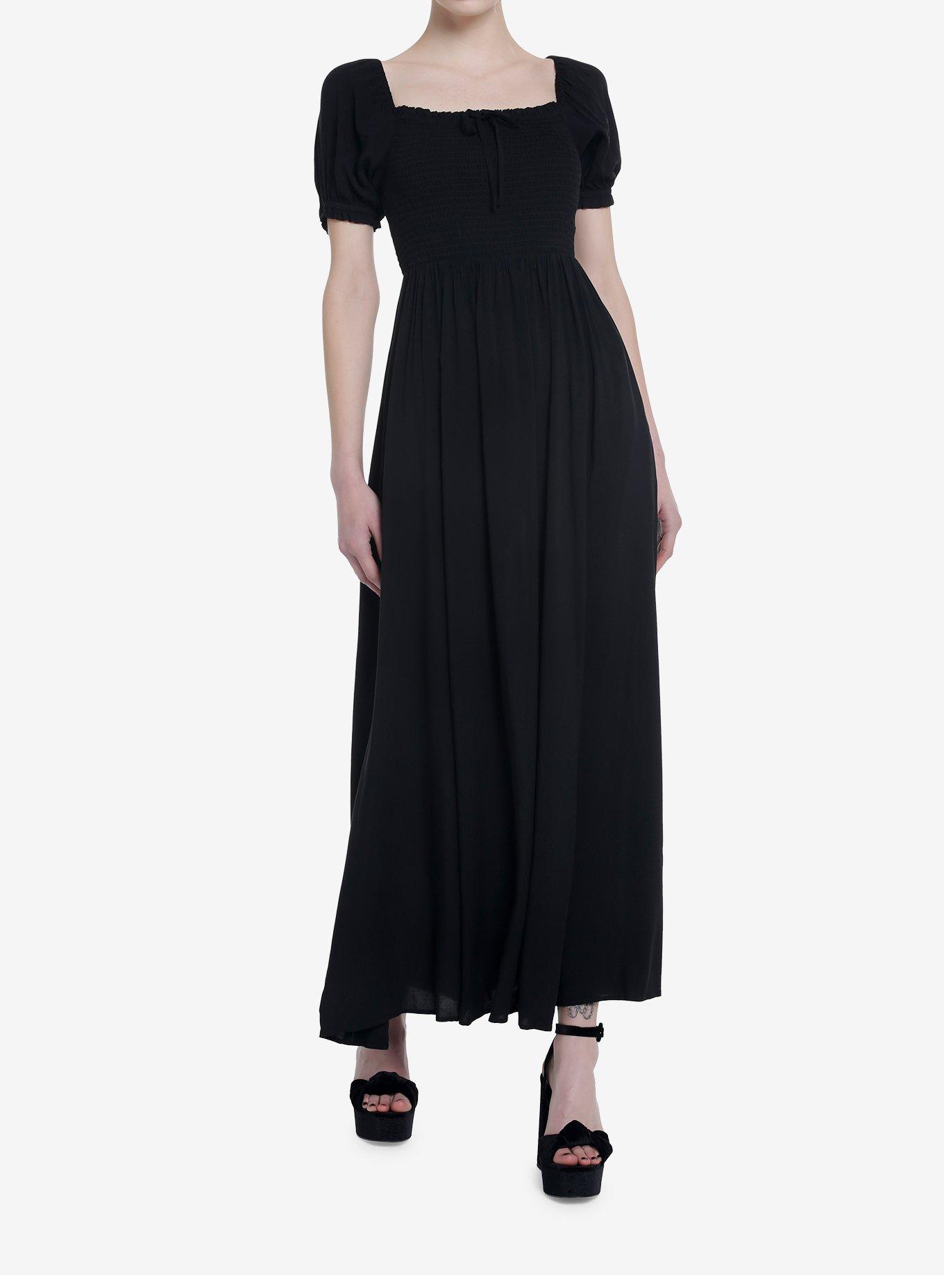 Thorn & Fable Black Smock Puff Sleeve Maxi Dress, DEEP BLACK, hi-res