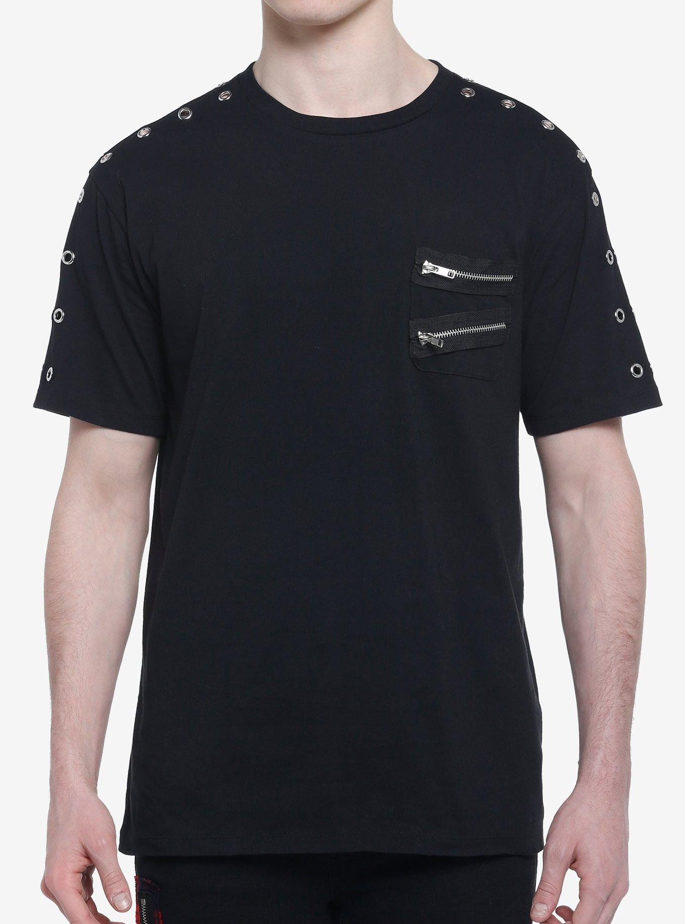 Black Grommet Zipper T-Shirt, BLACK, hi-res