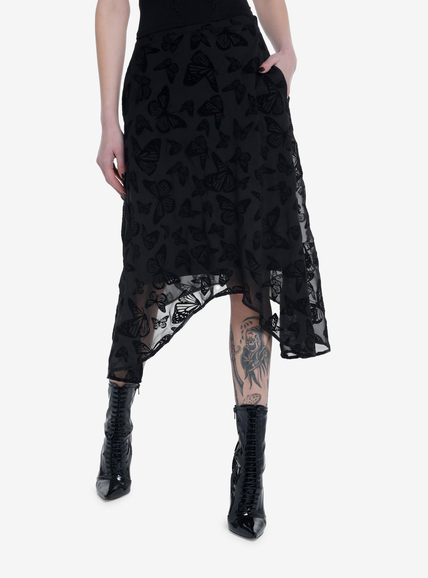 Black Butterfly Chiffon Hanky Hem Midi Skirt, MULTI, hi-res