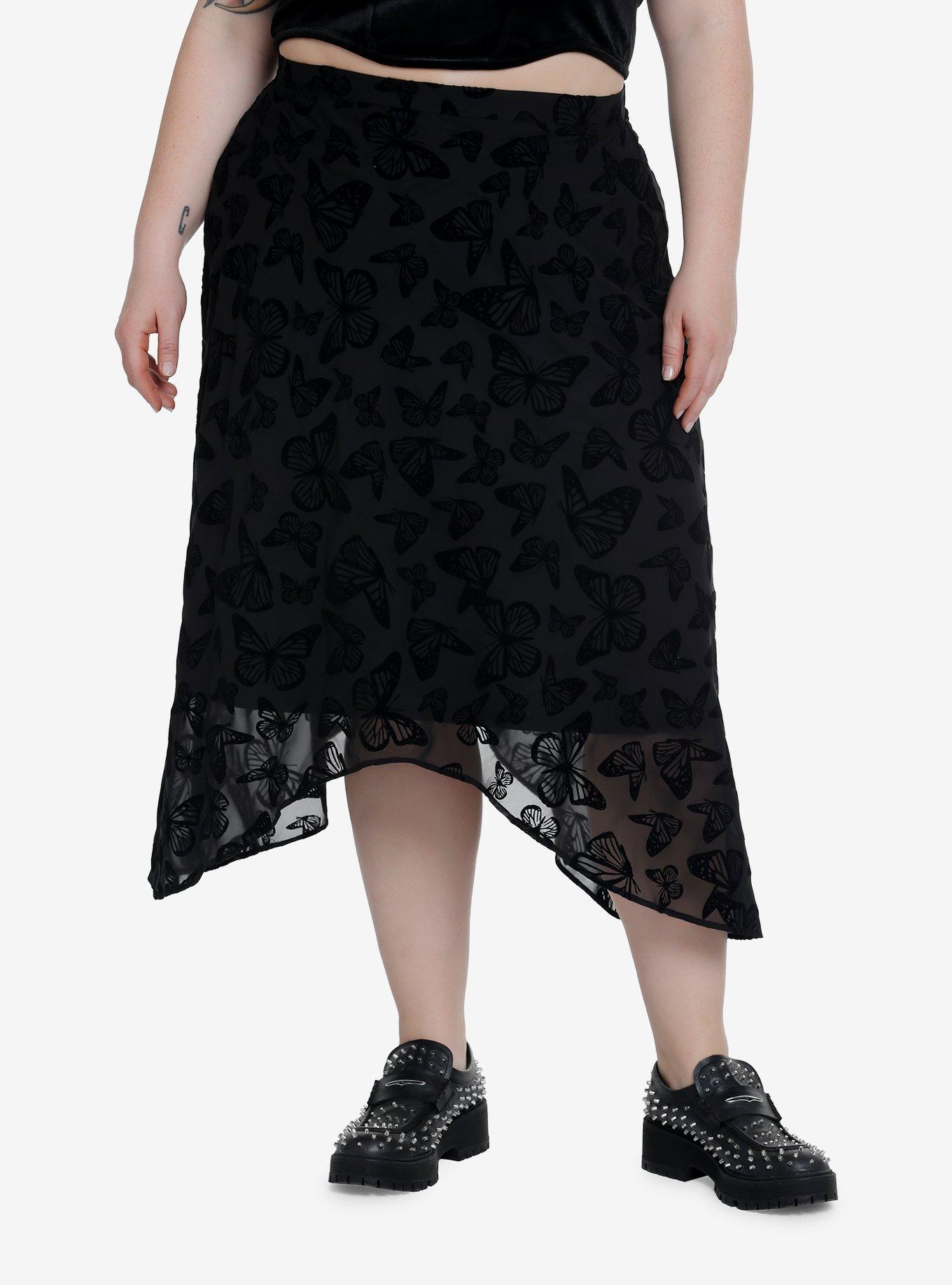 Black Butterfly Chiffon Hanky Hem Midi Skirt Plus Size, MULTI, hi-res