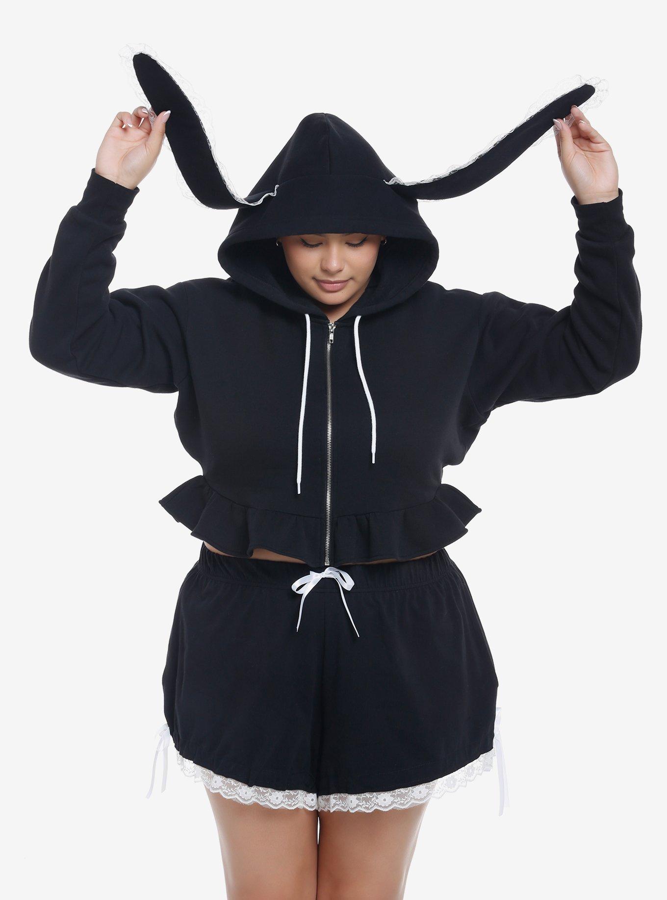 Black Lace Bunny Girls Crop Hoodie Plus Size