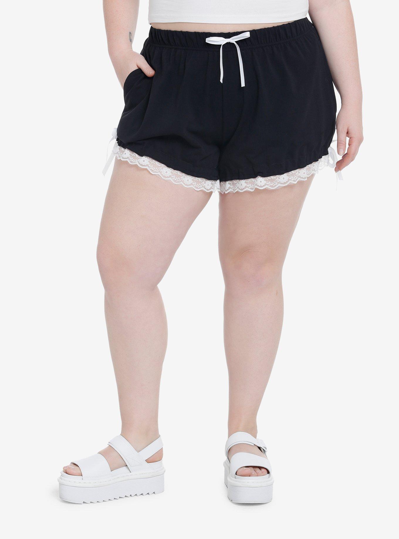 Black & White Lace Balloon Lounge Shorts Plus Size, BLACK, hi-res