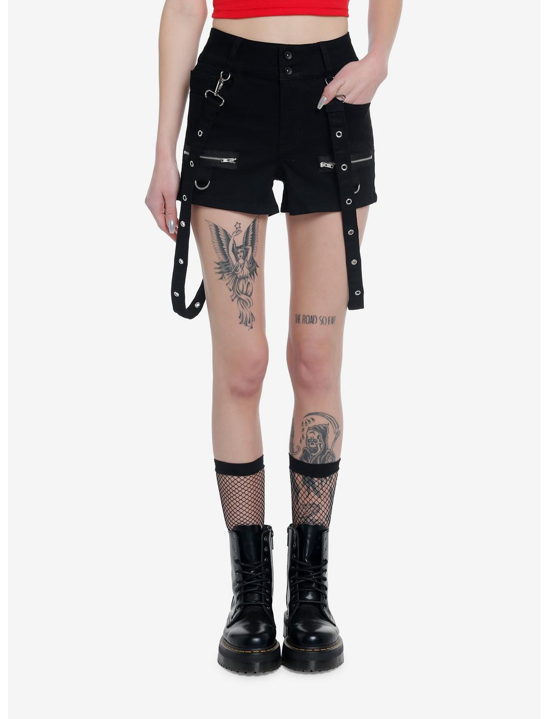 Black High-Waisted Super Skinny Shorts With Suspenders, BLACK, hi-res
